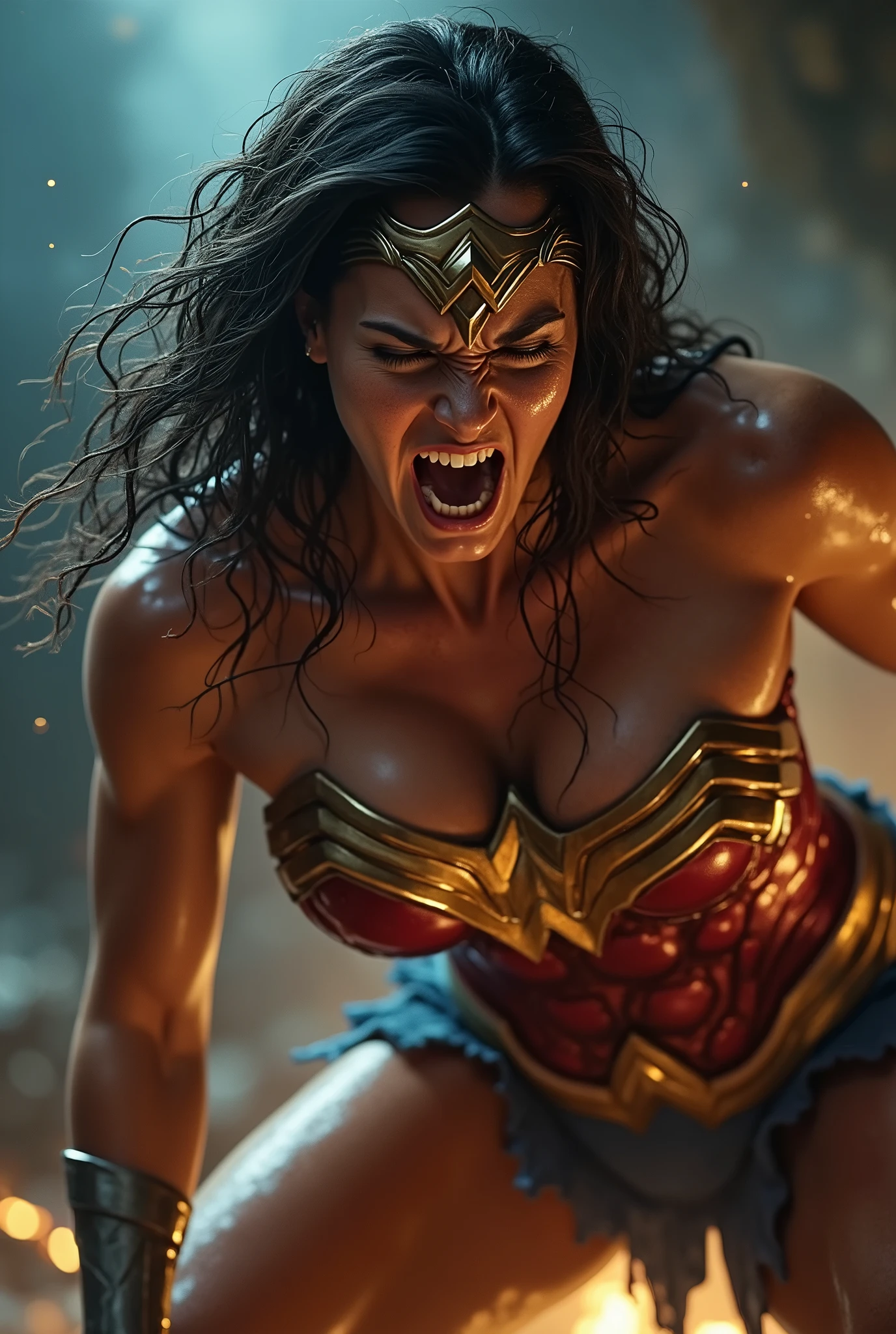 (sweaty)(muscular)A very sweaty Wonder Woman is vomiting in the ring, she spits out lot of visible liquid repeatedly. Lot and Lot of liquid continously dropping from her mouth to the floor. There is lot of sweat on her muscular body. She's coughing and breathing hard.