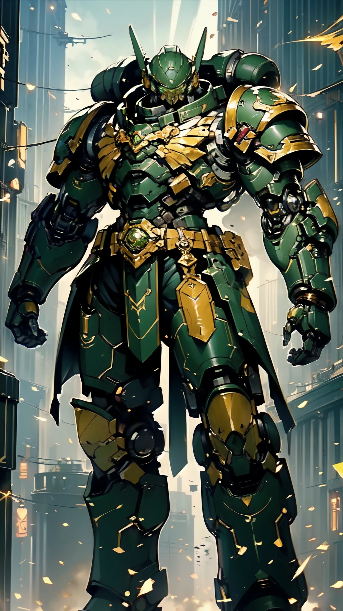 (masterpiece:1.5, best quality:1.5, extremely delicate:1.5), ((male:1.5)), a man wearing a full-face helmet, a biotech armored combat suit, green eyes, (a composite layered chest armor), fully enclosed shoulder guards, matching arm and leg guards, a belt of gemstone, (the color scheme is primarily Black with Yellow and Green accents), the design balances heavy with agility, a high-tech bio-mecha armor, (Armor Concept Inspired by Space Marines, stand of a futuristic sci-fi city), this character embodies a finely crafted fantasy-style armored hero in anime style, exquisite and mature manga art style, (element, plasma, energy, the armor glows), metallic, high definition, highres, ultra-detailed, ultra-fine painting, professional, perfect body proportions, golden ratio, anatomically correct, symmetrical face, extremely detailed eyes and face, high quality eyes, creativity, RAW photo, UHD, 32k, Natural light, cinematic lighting, masterpiece-anatomy-perfect