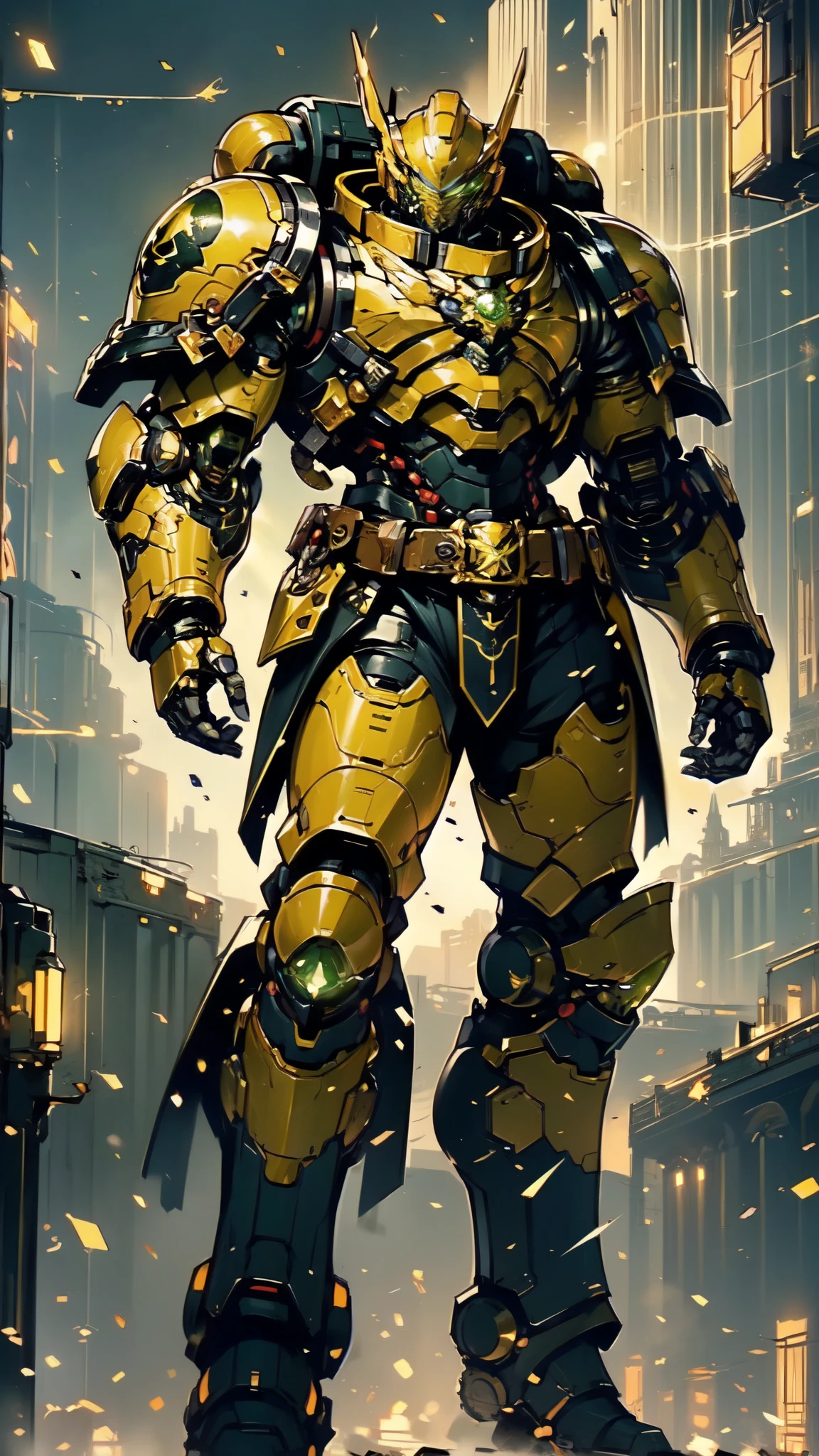 (masterpiece:1.5, best quality:1.5, extremely delicate:1.5), ((male:1.5)), a man wearing a full-face helmet, a biotech armored combat suit, green eyes, (a composite layered chest armor), fully enclosed shoulder guards, matching arm and leg guards, a belt of gemstone, (the color scheme is primarily Black with Yellow and Green accents), the design balances heavy with agility, a high-tech bio-mecha armor, (Armor Concept Inspired by Space Marines, stand of a futuristic sci-fi city), this character embodies a finely crafted fantasy-style armored hero in anime style, exquisite and mature manga art style, (element, plasma, energy, the armor glows), metallic, high definition, highres, ultra-detailed, ultra-fine painting, professional, perfect body proportions, golden ratio, anatomically correct, symmetrical face, extremely detailed eyes and face, high quality eyes, creativity, RAW photo, UHD, 32k, Natural light, cinematic lighting, masterpiece-anatomy-perfect