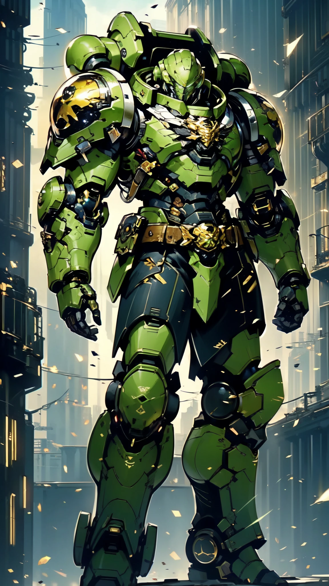 (masterpiece:1.5, best quality:1.5, extremely delicate:1.5), ((male:1.5)), a man wearing a full-face helmet, a biotech armored combat suit, green eyes, (a composite layered chest armor), fully enclosed shoulder guards, matching arm and leg guards, a belt of gemstone, (the color scheme is primarily Black with Yellow and Green accents), the design balances heavy with agility, a high-tech bio-mecha armor, (Armor Concept Inspired by Space Marines, stand of a futuristic sci-fi city), this character embodies a finely crafted fantasy-style armored hero in anime style, exquisite and mature manga art style, (element, plasma, energy, the armor glows), metallic, high definition, highres, ultra-detailed, ultra-fine painting, professional, perfect body proportions, golden ratio, anatomically correct, symmetrical face, extremely detailed eyes and face, high quality eyes, creativity, RAW photo, UHD, 32k, Natural light, cinematic lighting, masterpiece-anatomy-perfect