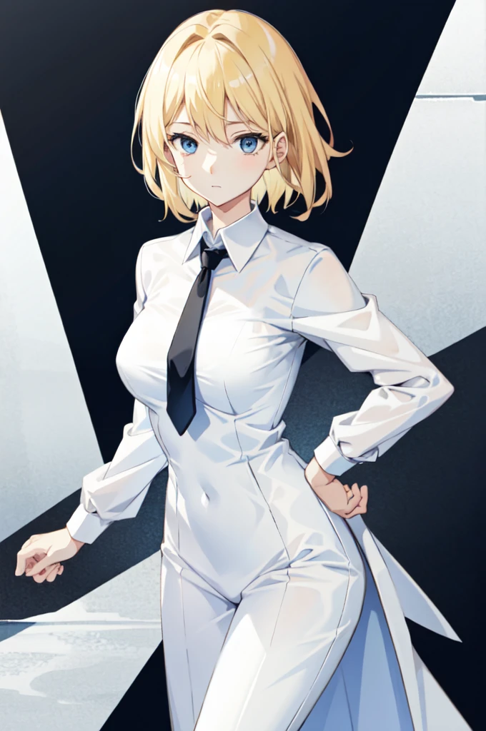 Girl with short blonde hair, blue eyes, wearing A white dress shirt, breasts, with a black tie, defined body, wearing black dress pants, defined waist, hips, collared shirt