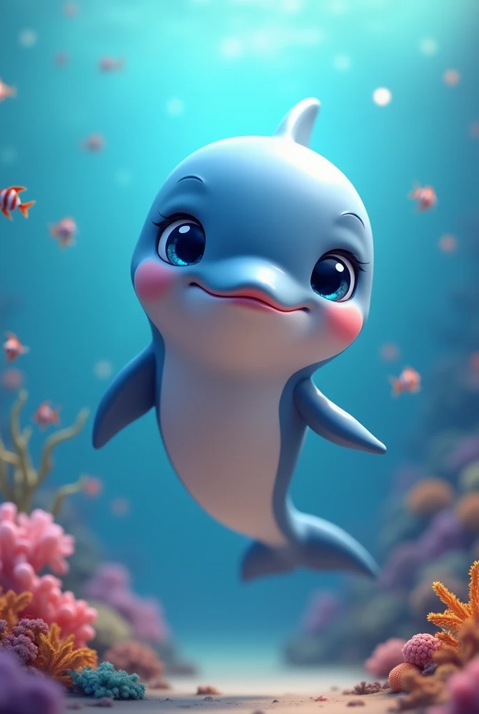 a cute mascot character, dolphin, seaart, 3d render, adorable, playful expression, beautiful detailed eyes, beautiful detailed lips, extremely detailed face and features, bright colors, vibrant, whimsical, magical, fantasy, soft lighting, glowing, underwater scene, coral reef, seaweed, schools of tropical fish, serene, peaceful, calming, (best quality,4k,8k,highres,masterpiece:1.2),ultra-detailed,(realistic,photorealistic,photo-realistic:1.37)