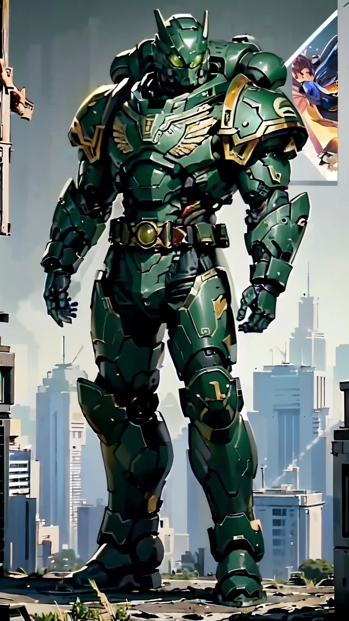 (masterpiece:1.5, best quality:1.5, extremely delicate:1.5), ((male:1.5)), a man wearing a full-face helmet, a biotech armored combat suit, green eyes, (a composite layered chest armor), fully enclosed shoulder guards, matching arm and leg guards, a belt of gemstone, (the color scheme is primarily Black with Yellow and Green accents), the design balances heavy with agility, a high-tech bio-mecha armor, (Armor Concept Inspired by Space Marines, stand of a futuristic sci-fi city), this character embodies a finely crafted fantasy-style armored hero in anime style, exquisite and mature manga art style, (element, plasma, energy, the armor glows), metallic, high definition, highres, ultra-detailed, ultra-fine painting, professional, perfect body proportions, golden ratio, anatomically correct, symmetrical face, extremely detailed eyes and face, high quality eyes, creativity, RAW photo, UHD, 32k, Natural light, cinematic lighting, masterpiece-anatomy-perfect