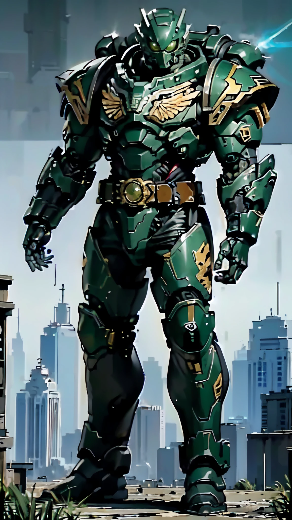 (masterpiece:1.5, best quality:1.5, extremely delicate:1.5), ((male:1.5)), a man wearing a full-face helmet, a biotech armored combat suit, green eyes, (a composite layered chest armor), fully enclosed shoulder guards, matching arm and leg guards, a belt of gemstone, (the color scheme is primarily Black with Yellow and Green accents), the design balances heavy with agility, a high-tech bio-mecha armor, (Armor Concept Inspired by Space Marines, stand of a futuristic sci-fi city), this character embodies a finely crafted fantasy-style armored hero in anime style, exquisite and mature manga art style, (element, plasma, energy, the armor glows), metallic, high definition, highres, ultra-detailed, ultra-fine painting, professional, perfect body proportions, golden ratio, anatomically correct, symmetrical face, extremely detailed eyes and face, high quality eyes, creativity, RAW photo, UHD, 32k, Natural light, cinematic lighting, masterpiece-anatomy-perfect