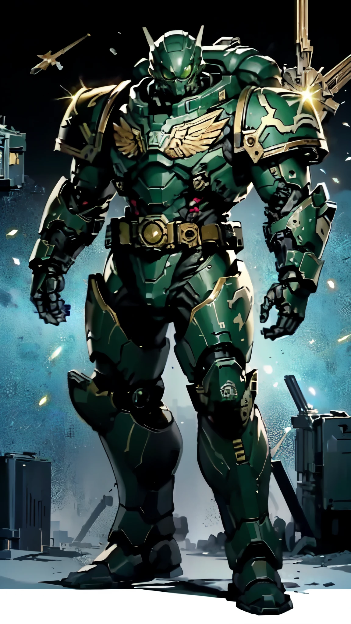 (masterpiece:1.5, best quality:1.5, extremely delicate:1.5), ((male:1.5)), a man wearing a full-face helmet, a biotech armored combat suit, green eyes, (a composite layered chest armor), fully enclosed shoulder guards, matching arm and leg guards, a belt of gemstone, (the color scheme is primarily Black with Yellow and Green accents), the design balances heavy with agility, a high-tech bio-mecha armor, (Armor Concept Inspired by Space Marines, stand of a futuristic sci-fi city), this character embodies a finely crafted fantasy-style armored hero in anime style, exquisite and mature manga art style, (element, plasma, energy, the armor glows), metallic, high definition, highres, ultra-detailed, ultra-fine painting, professional, perfect body proportions, golden ratio, anatomically correct, symmetrical face, extremely detailed eyes and face, high quality eyes, creativity, RAW photo, UHD, 32k, Natural light, cinematic lighting, masterpiece-anatomy-perfect