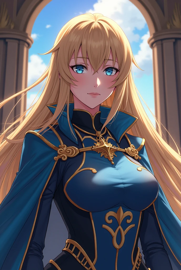 eris, (((1woman))), blonde hair, blue eyes, blue ribbon in hair, knight outfit, gray metal shoulder pauldron, blue cape, 8k,16k, trending on pixiv, fanbox, skeb, masterpiece, detailed face, smooth soft skin, beautiful intricate colored hair, digital painting, <lora:eris:0.4>