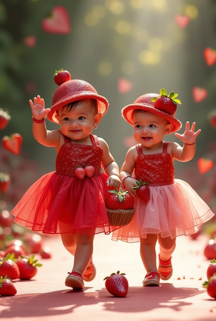 there are two little girls in red dresses and hats standing in a garden, lovely and cute, beautiful gemini twins, cute and lovely, beautiful gemini twins portrait, beautiful cute, cute beautiful, cute adorable, red apples, cuteness, cute girls, beautiful girls, standing in an apple orchard, twins, adorable, red roses, human babies, cutest
