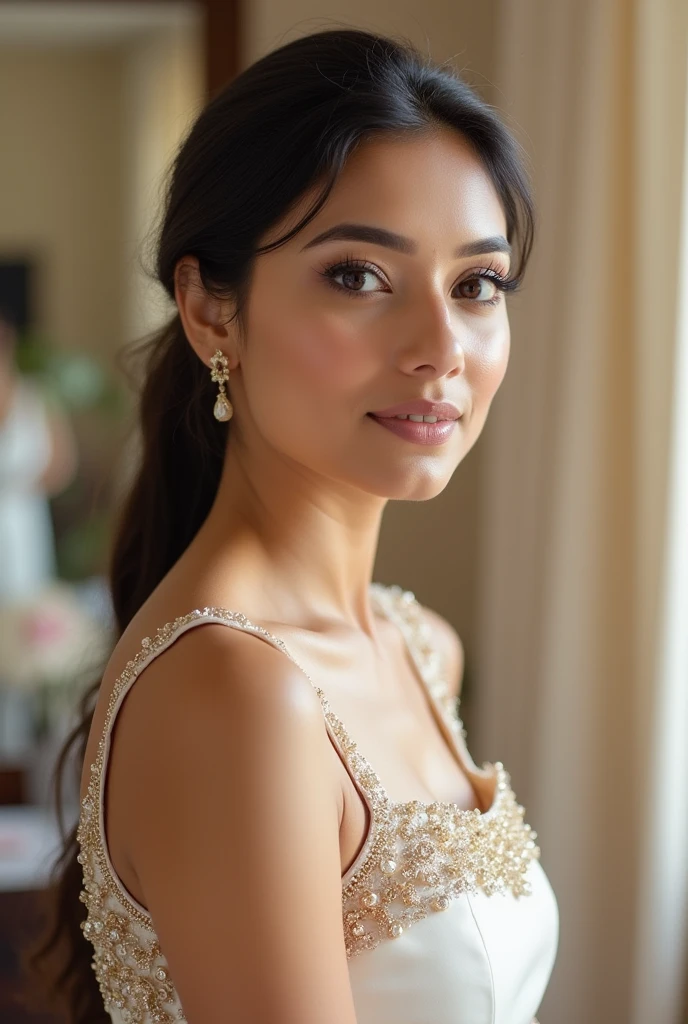 Portrait glamour mi-long, Nikon D850, F1.6 lens, 200mm, DSLR, 22 megapixels, (((Sequel scene'elegant hotel))), photo d'une superbe fille espagnol de 23 ans, (ssmile:1.4), (porter une chemise blanche avec un jean skinny:1.6), ((seductive pose)), fille chaude, (((big natural tits))), (((brown hair in ponytail))), (Petite fille), symmetrical face, Photorealistic, la photographie, (bright natural lighting), magnificent, deep neckline, (head of'artwork), best quality, high resolution, extremely detailed, Cinematic lighting, (((very narrow waist))), rich colors, hyper realistic, realistic texture, ((jewels)), (((Elle a de belles mains et porte des bagues))), (Bracelet), (neckleace), (anklet), (nail polish) (loops of'ears), Fuji Superia 200, 8k