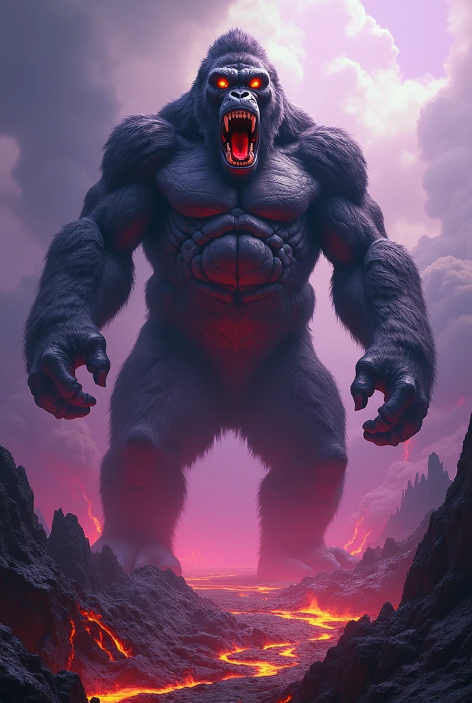 Gigantic dangerous and horrific cross between gorilla and magma with scary background