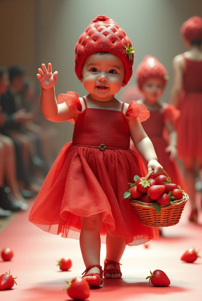 14k, full body, A walking human baby. さくらんぼがいっぱい付いたコスチュームを着てるの赤ちゃん An audience taking photos and clapping., bright fashion showroom, seated audience, diagonal shot --v 6.1 )