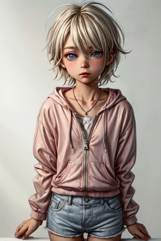 Anime style, Highres, Masterpiece, Best quality at best, Best Quality, hight quality, hight detailed, 1boy, (little boy), boy, blonde boy, blond Hair, perfect boy body, cute boy, detailed light blue eyes, detailed eyes, short hair, messy hair, pastel rainbow inner hair color mesh, Neutral Facial Features, boy flirty posing, wears a open zipper pink hoodie, silver necklace with a pastel pink heart, boy chest, detailed too very short mini blue jean shorts, beautiful long legs, rainy afternoon on the street, highest quality,