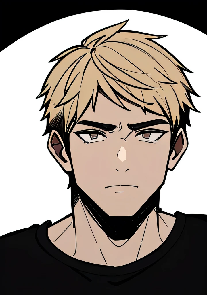 ung man, brownish blonde short hair parted down the middle, sharp side burns, stubble, , dark tanned skin:1.35, black eyes, cocky overconfident and murderous expression,, wearing black T-shirt, portrait style, facing forwards, plain white background , masterpiece