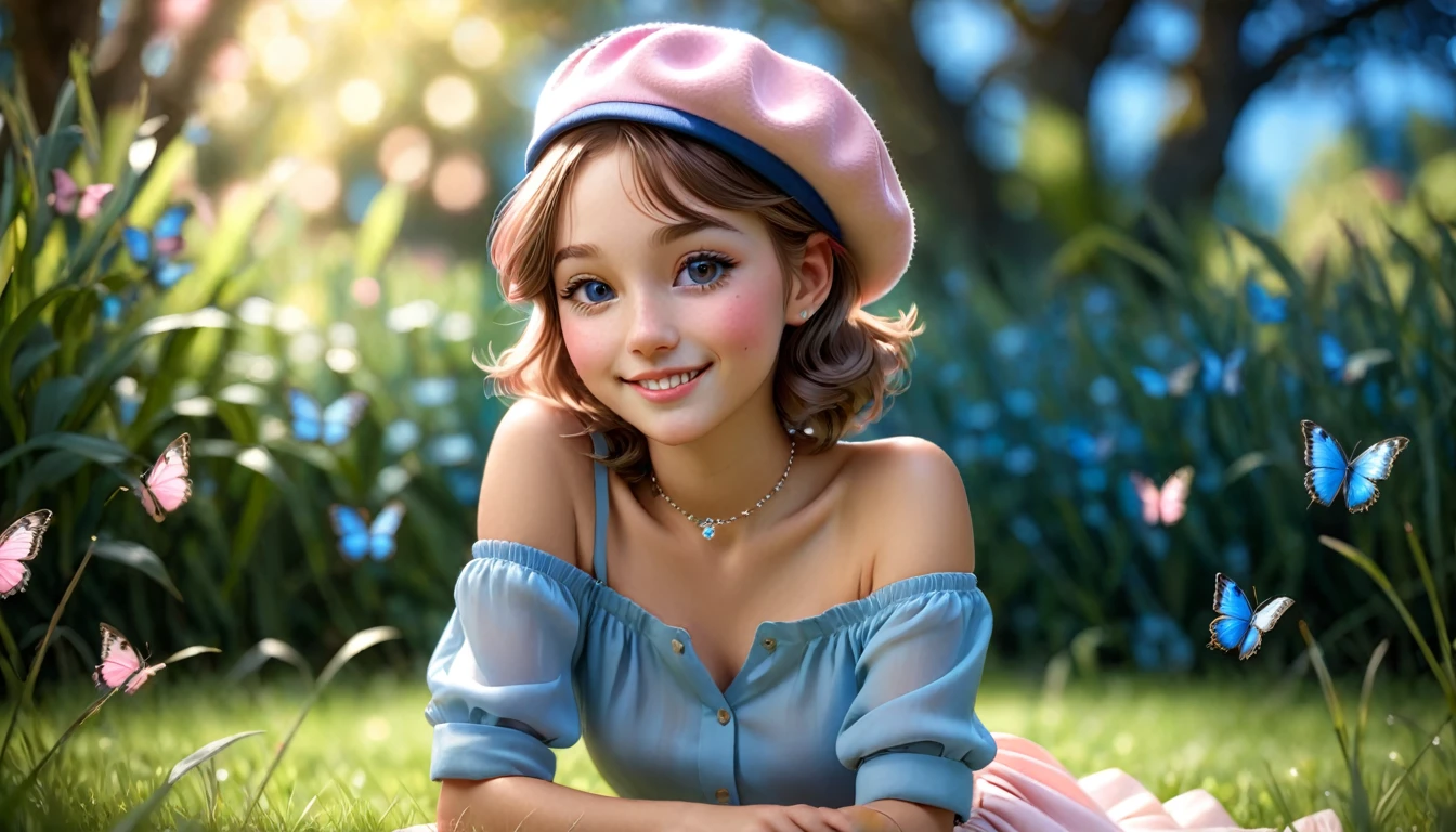 masterpiece, ultra high res, photorealistic,david hamilton,  8k, detailed shadow, BJ_Blue_butterfly,necklace,  looking at viewer, sparkling light eyes,  smiling,soft lighting, sharp focus, (bokeh:1.5), light from the front, bloom, cinematic lighting, light on face, Volumetric lighting,  (Depth of field:1.2), BREAK 1 petite danish girl blushing, happy,  whole body, sitting on grass, off shoulder, wearing silk  shirt, wearing  skirt,  pink french beret 