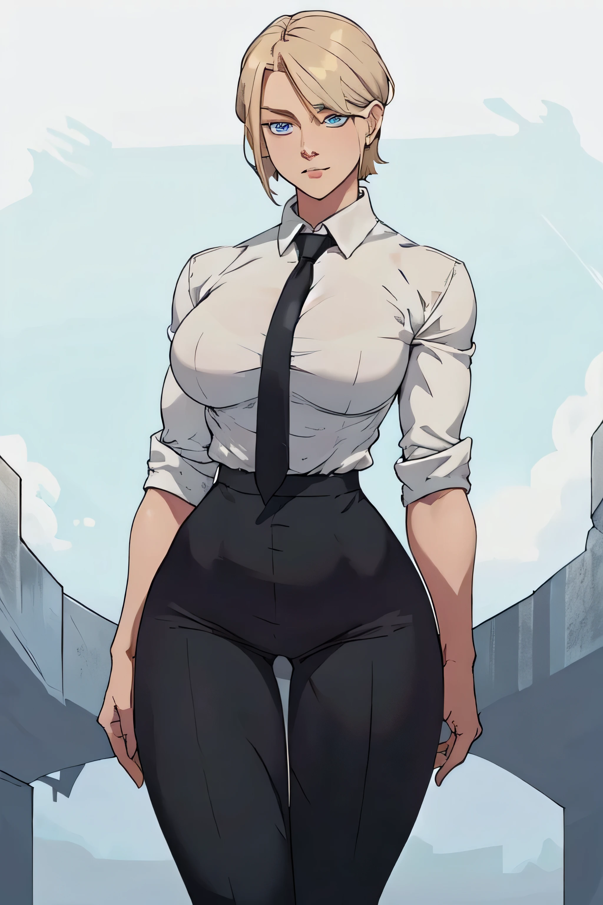 Girl with short blonde hair, blue eyes, wearing A white dress shirt, breasts, with a black tie, defined body, wearing black dress pants, defined waist, hips, collared shirt