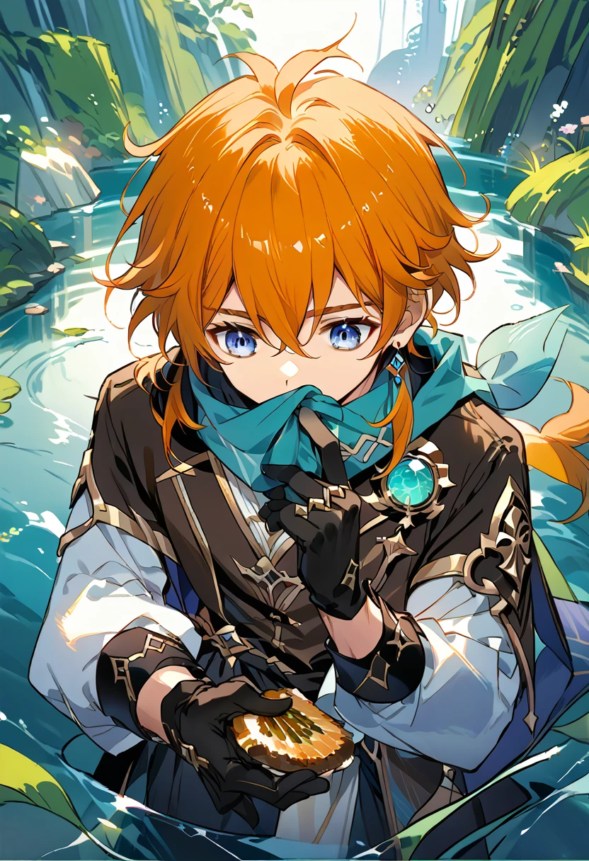 masterpiece, Best quality, Tortilla (genshin impact), gloves, a mask, male focus, 1 boy, Blue eyes, black gloves, One, orange hair, bang, water, Jacket, hair between eyes, Jewelry, scarf,