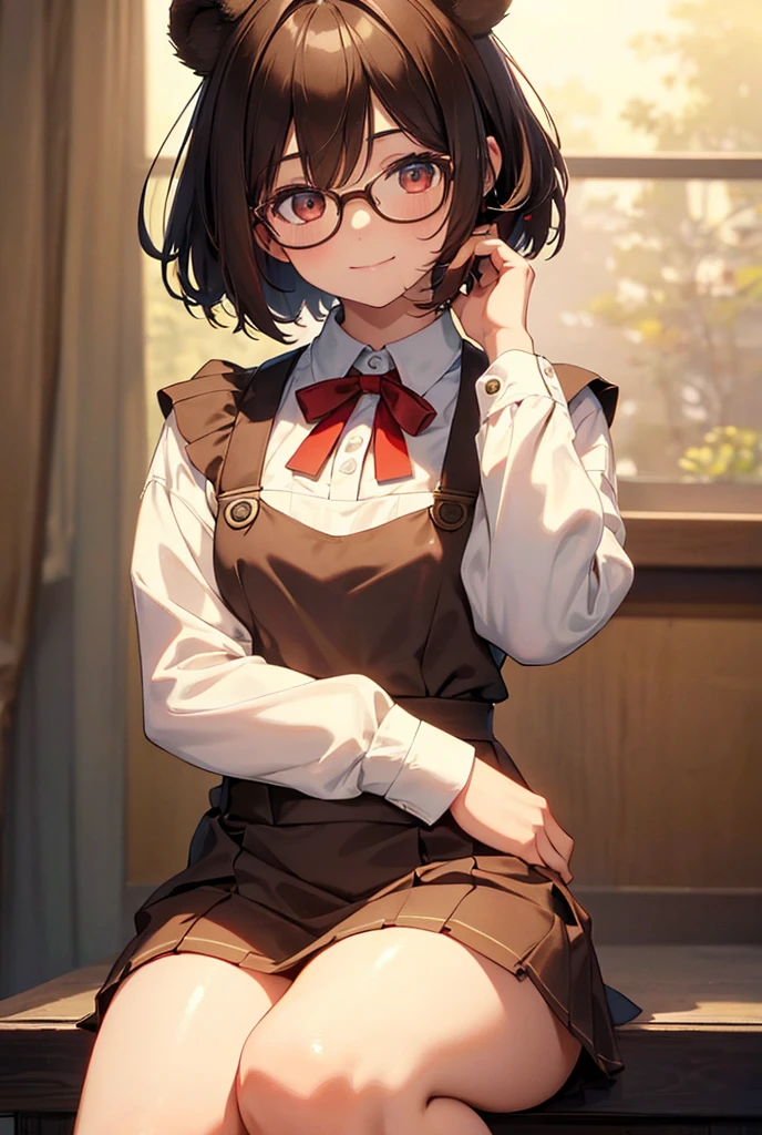 (1 16-year-old girl、A dark-haired、short-hair、straight haired、bow ribbon、Light brown eyes、Black glasses、small tits、cute  face)、farmhouse、farm、​masterpiece、top-quality