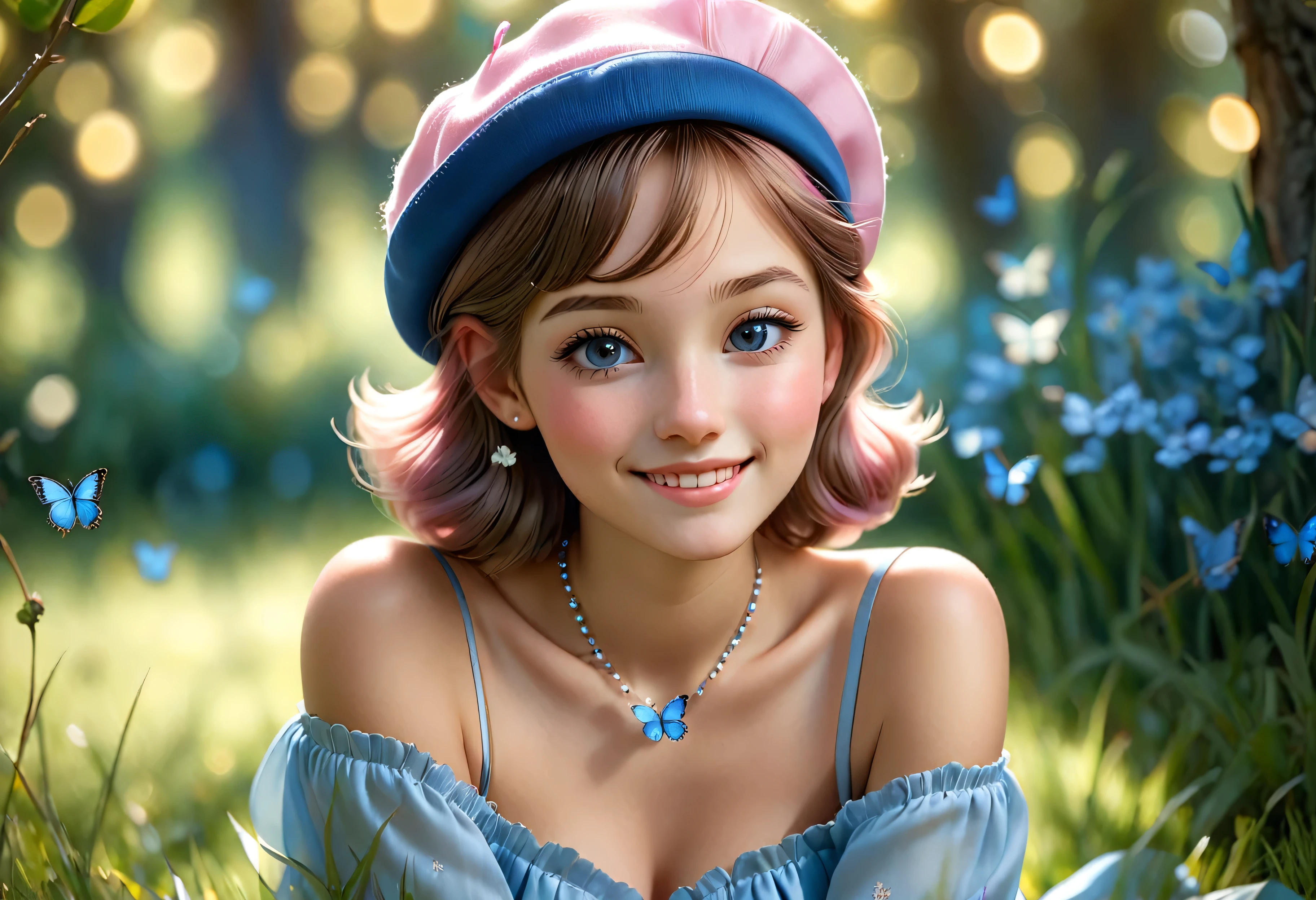 masterpiece, ultra high res, photorealistic,david hamilton,  8k, detailed shadow, BJ_Blue_butterfly,necklace,  looking at viewer, sparkling light eyes,  smiling,soft lighting, sharp focus, (bokeh:1.5), light from the front, bloom, cinematic lighting, light on face, Volumetric lighting,  (Depth of field:1.2), BREAK 1 petite danish girl blushing, happy,  whole body, sitting on grass, off shoulder, wearing silk  shirt, wearing  skirt,  pink french beret 