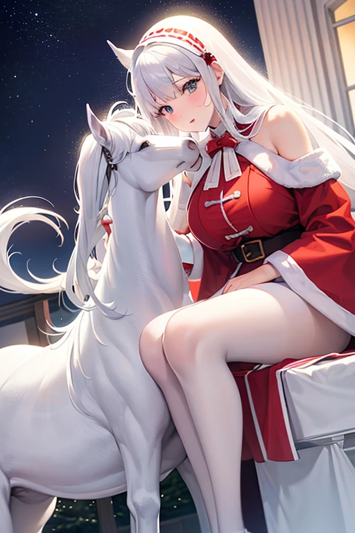 nsfw, 1 female fox, young, forelimb hands, straight long white hair, small breast, heart-shaped eyes, tear, open mouth, embarrassed, riding on unsaddled rocking horse, pussy, ambient light, full body, high quality, high-details, best quality, (solo)