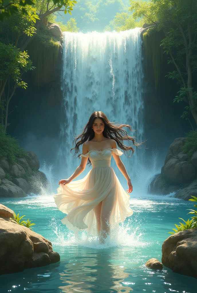 1girl, surreal beautiful young woman, wearing colorful dress, big waterfall, walking under the waterfall, back to the audience, ethereal beauty, full body, character ratio is only 1/8, lake surface, ((large grove)), Tyndall ray, realism, cinematic lighting, ray tracing, optical illusion, lens flare, 120mm, f/1.2, Sony FE GM, Ultra HD, Retina, Masterpiece, ((Best Quality)), ((Masterpiece)), (Very detailed: 1.3)