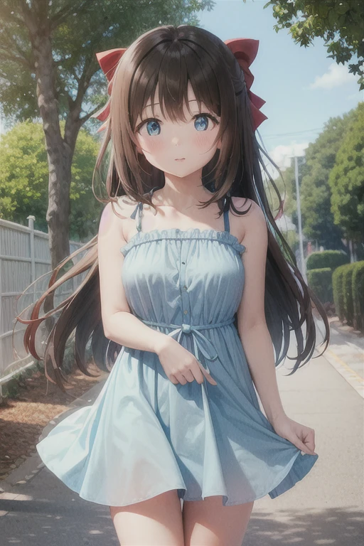 One Girl, Black Hair，length，Straight hair，Red hair ribbon，blue eyes，Shizuku Sakurazaka，cute，noon，Outdoor，Light blue camisole dress，blush，Standing posture