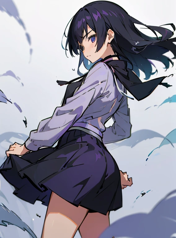 a girl with long black hair , purple skirt  , and lavender half sleeved shirt , color