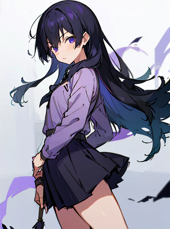 a girl with long black hair , purple skirt  , and lavender half sleeved shirt , color