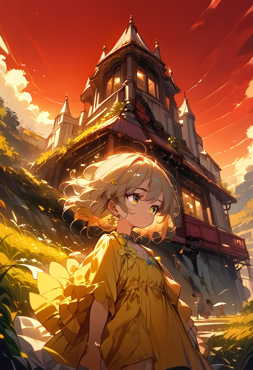 fan art; 1 girl, 1 boy, dress, outdoors, Red Sky, yellow bow,, ultra detailed