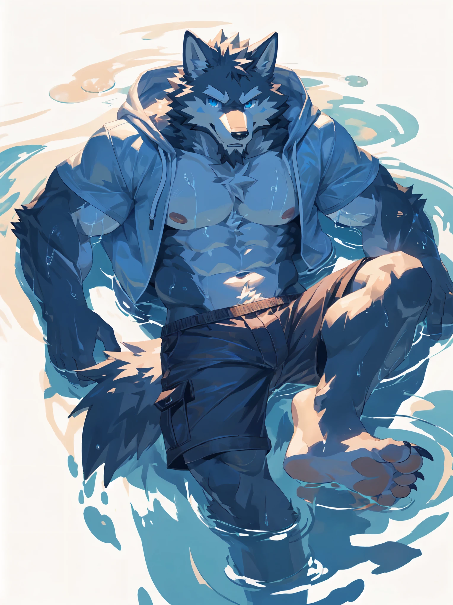 solitary, anthropology, hairy, hairy male, Blue Cat, ((Fluffy fur, Fluffy, hairy body)), (Cat print), (Thick eyebrows), youth, muscular, light blue skin, White and big skin, Blue pupils, Detailed teeth, defaced face, fundos, swimmer, Teal swimming trunks, pink tit cluster, Dipping in the lake, Raise your hands and splash water, (sideways:1.5), Shy expression, A faint smile, blush, (Dynamic poses:1.5), Clear facial features, Strong, (Bottom View:1.4), majestic, solitary, Full body image, Fog atmosphere, early morning, Tyndall Ray, Aquatic plants, lotus, (By Empty Ghost, From cat20, masterpiece, high quality, high resolution,8K), Everlasting, Break, (Imagine), lake
