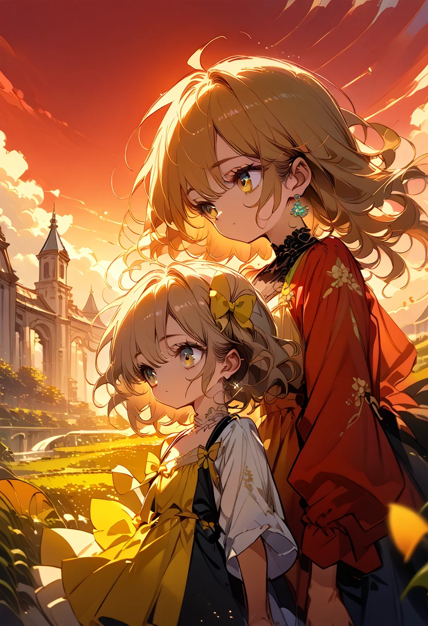 fan art; 1 girl, 1 boy, dress, outdoors, Red Sky, yellow bow,, ultra detailed