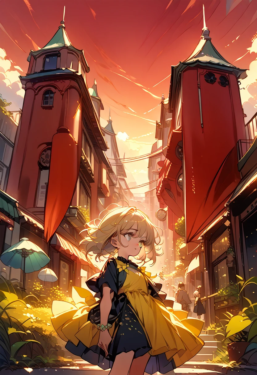 fan art; 1 girl, 1 boy, dress, outdoors, Red Sky, yellow bow,, ultra detailed