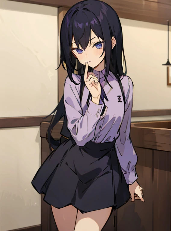 a girl with long black hair , purple skirt  , and lavender half sleeved shirt , color in a cafe 