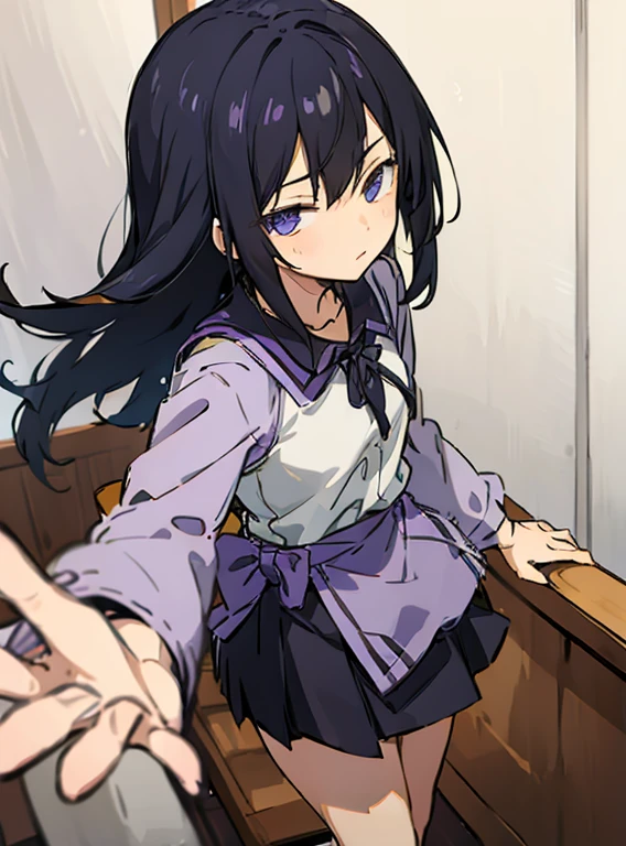 a girl with long black hair , purple skirt  , and lavender half sleeved shirt , color in a cafe 