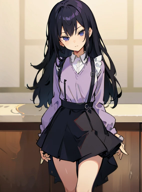 a girl with long black hair , purple skirt  , and lavender half sleeved shirt , color in a cafe 