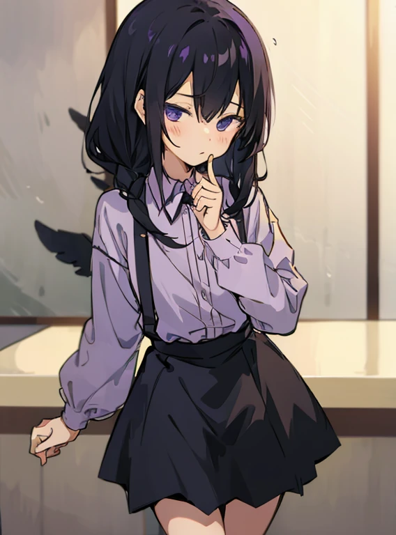 a girl with long black hair , purple skirt  , and lavender half sleeved shirt , color in a cafe 