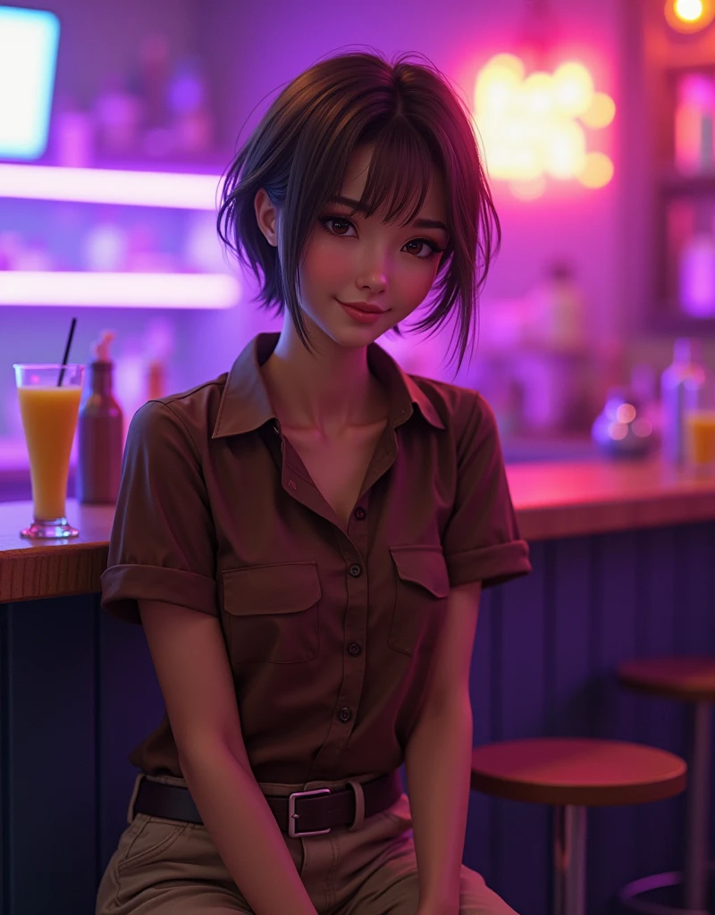 A 40-year-old woman、Sitting at the bar counter,Being in a beer pub、ultra gigantic tits、Huge Huge Huge Bust、nursing、adult lady、amorous、smil、drinking beer、🍺、