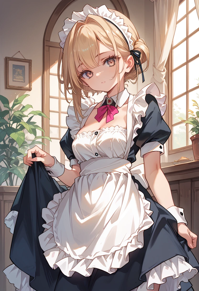 ((beautiful maid:1.5),High resolution, highest quality),wear a maid&#39;s uniform,soft hands, big bright eyes, dark and bright curly hair, nice smile, rosy cheeks, soft light, pure white background.  