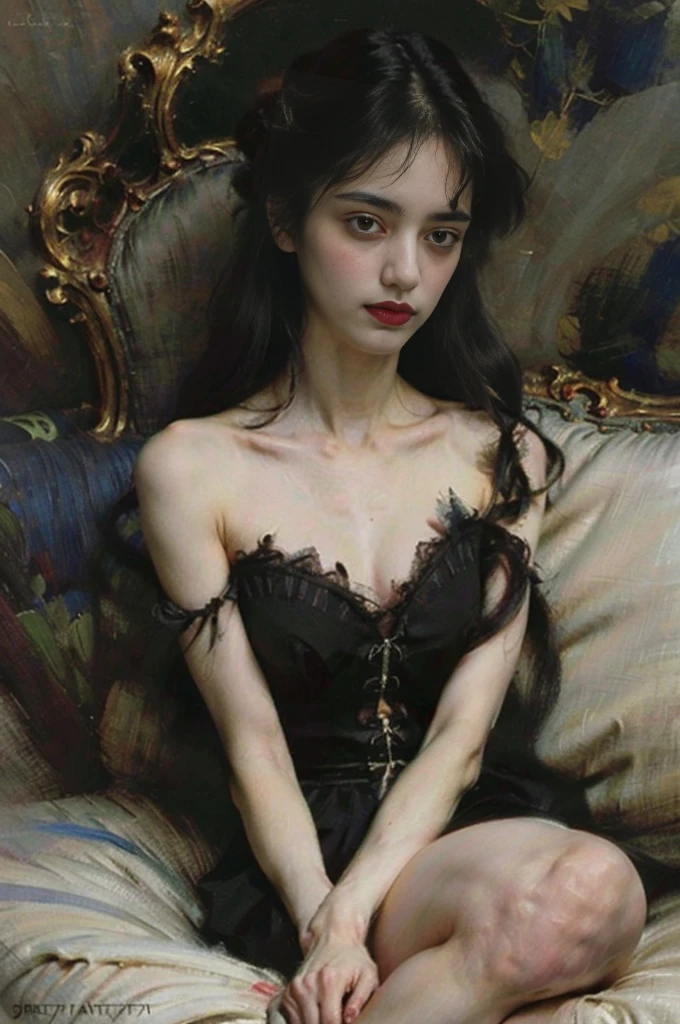 1890`s, japanese vampire woman, (vampire), (goth vampire), sitting in the couch, 8k, absurd res, depression, expressionless, ((wide eyes)), flawless face, girl with a soft body, beautiful woman, perfect face, (symmetrical), ((1girl)), thin body but well formed, ((full body image)), very femenine, solo, masterpiece, good hands, best hands, highly detailed, flawless eyes, ((detailed eyes)), expressive detailed eyes, gothic beauty, pale skin, wide eyed, (detailed pupils), realistic skin, some freckles, realistic skin texture, ((small breasts)), blushing, super detailed skin, smooth background, shy face, analog style, dim moody lighting, atmospheric, ((very long beautiful long straight black hair with bangs)), (very long hair), wearing a tight strapless lace black victorian dress with some black feathers as ornaments, tight black lace long gloves, lace, cleavage, lace undewear, corset, stockings, beautiful face, makeup, long eyelashes, beautiful legs, 4k, 8k, 35 mm, intricate details, incredibly detailed, Soft cinematic light, Hdr, sharp focus, complex, elegant, centered, mysterious concept, dark black paint vibe, Art by Yoshitaka Amano, Yoshitaka Amano character design, grief, despair, lustful, innocence