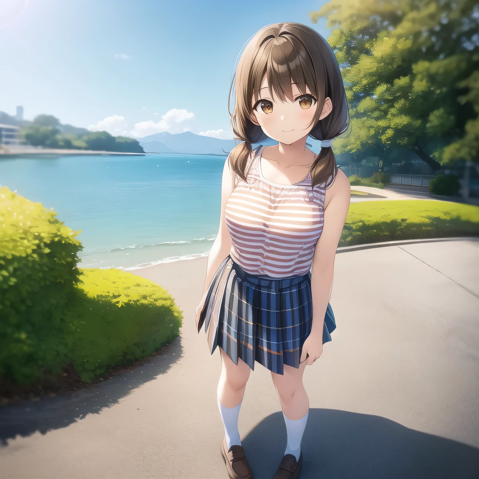 outdoors,
smile,
solo,
AyanaFujisawa,1girl,brown hair,low twintails,brown eyes,
full body,standing,
striped_shirt,sleeveless,
pleated_skirt,