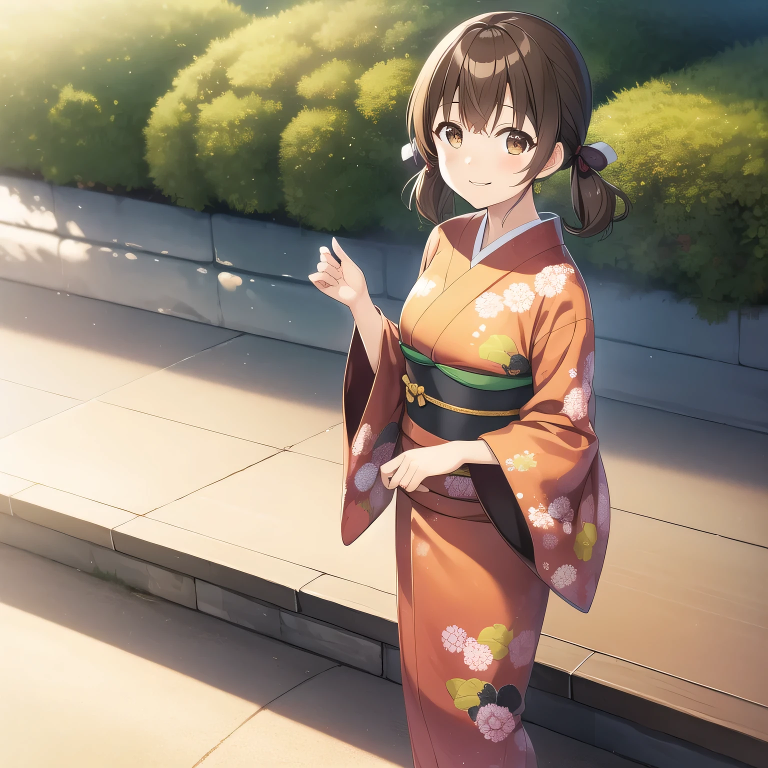 outdoors,
smile,
solo,
AyanaFujisawa,1girl,brown hair,low twintails,brown eyes,
full body,standing,
print_kimono,