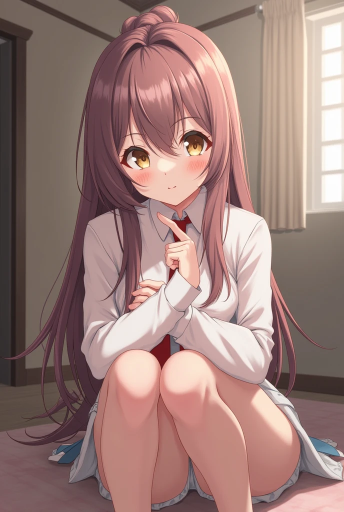 Anime girl sitting facing forward showing her open legs and flat shoes with a vibrator visible in her anus without underwear