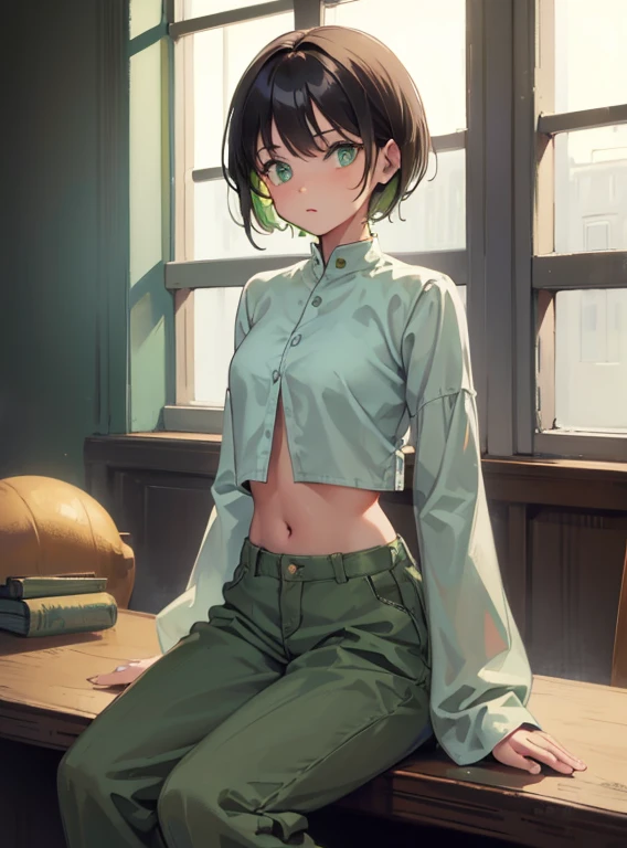 a girl , mid short hair , olive green eyes,  light green crop top full sleeved , pants, in a room sitting