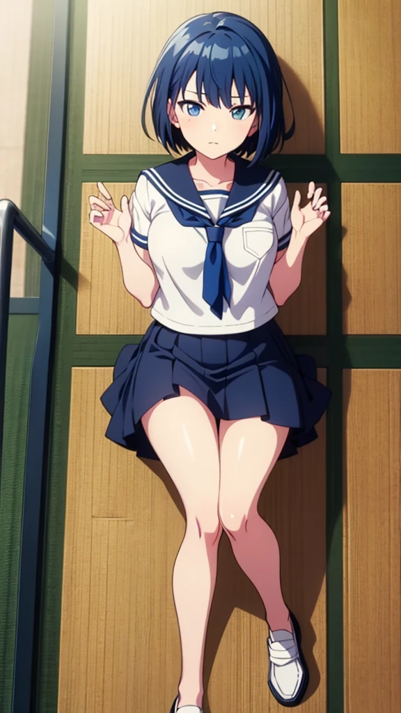 ((1girl, 1old man)), ((shirtlift:1.4)), (crawl on all fours:1.8), The old man laughs evilly, Anime cel drawing style, Best Quality, High resolution, (gigantic breasts:1.5), bra, Highleg Panties, White sailor suit, Short sleeves, red neckerchief, Blue skirt, blue eyess, Purple hair, Bangs, Side Ponytail, Hair Ornament, embarrassed, fear, blush, looking at viewer, Full body, cowboy shot:1.6, crowded train