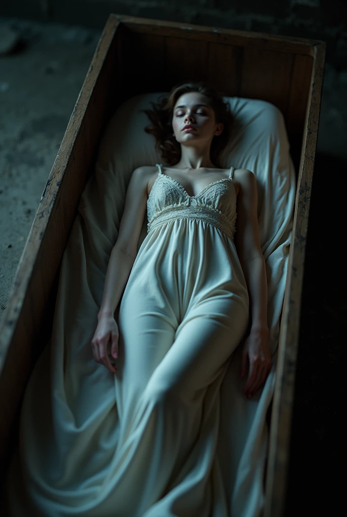 (old color photo) of young woman,bound, (bandages), white hair, lying in a sarcophagus, analog style, modelshoot style, 35mm, vignette, intricate detail, film grain, portra,   <lora:ConceptCostumeMummyBondage_v1:1>