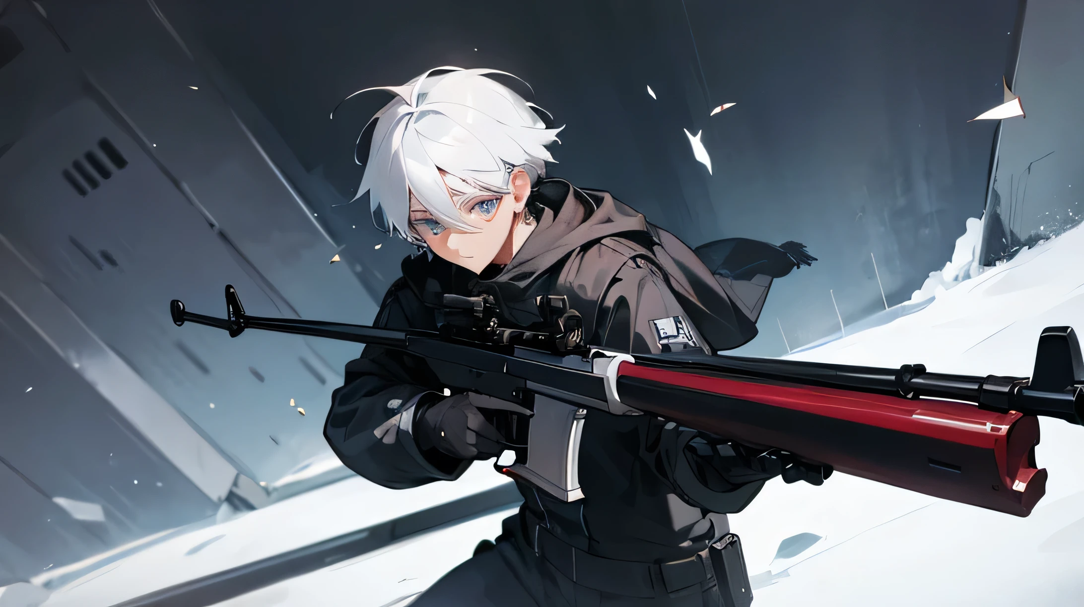 anime character with gun in hand and scarf, an anime drawing inspired by Okumura Togyu, trends on pixiv, neoism, trigger anime art style, Anime main art, white hair, best 4k konachan anime wallpaper, an angry teenage killer, de white hair, male anime character, anime character detailed art, with white sniper No errors Symmetry Right hands Sniper position Short, messy hair Scarf covering the face Black assassin's outfit White sniper painted white white details