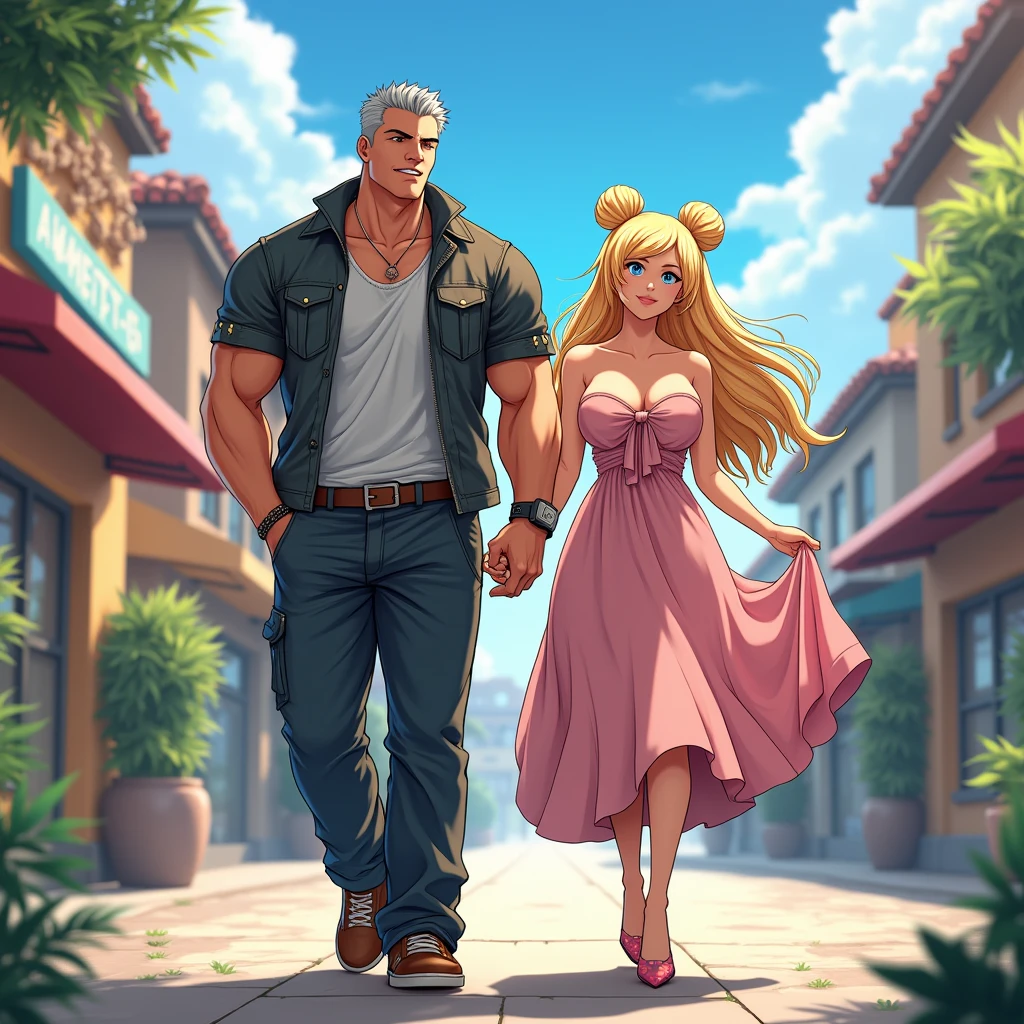Masterpiece, Professional, High Definition - quality, sharp focus, perfect artwork, Best Illustration, trending on artstation, UHD, 4k, full body, NSFW " couple, 1man, 1girl, she blonde, blue eyes, long hair, wearing micro denim shorts and white BREAK bustier couple, 1man, 1girl, him hugging around the waist, tall and strong, short white hair, muscular, beard, Streetwear, cargo pants, necklace