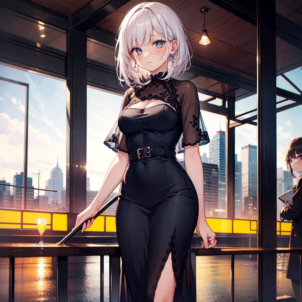 masterpiece, Highest quality, High resolution, His funeral, short hair, Hair Clip, Large Breasts, Sweater dress, No sleeve, night, street, Are standing, Cowboy Shot,