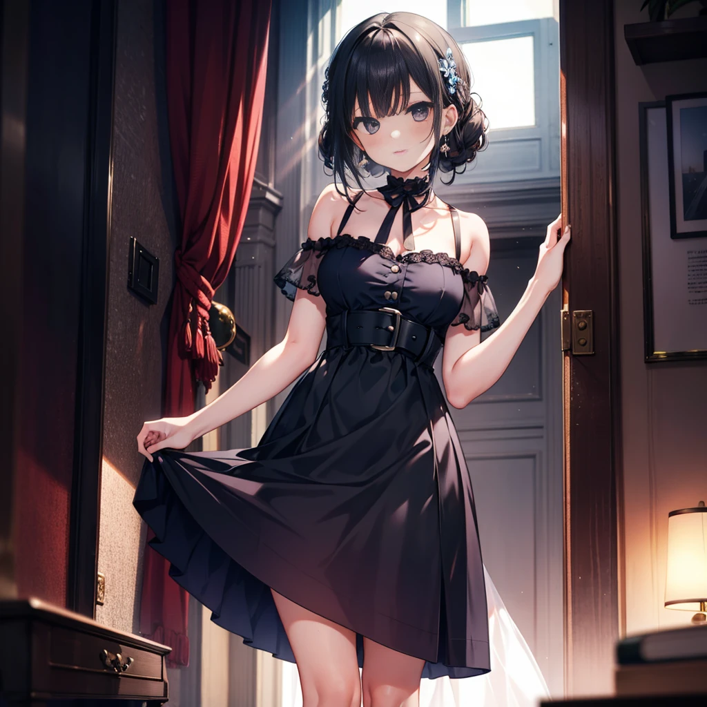 Brown Hair,Shortcuts,Messy Hair,Slender beauty,A dignified posture,Small chest,Beautiful feet,Her captivating grey-blue eyes shine like stars,(masterpiece:1.2), original, Medium Length,Girl in modern dress,Anime girl in a black dress standing in front of a table,beautiful girl,church,Stained glass,break (masterpiece:1.2), Highest quality, High resolution, unity 8k wallpaper, (shape:0.8), (Beautiful attention to detail:1.6), Highly detailed face, Perfect lighting, Extremely detailed CG, (Perfect hands, Perfect Anatomy),