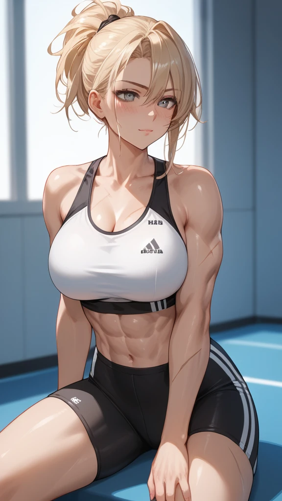 Girl, Alone, light blonde hair, muscled body, big breasts, scars, grey eyes, tied hair,  deadpan expression, blush, Whole body, sitting on her knees, tight sportswear, scars en todo su cuerpo 