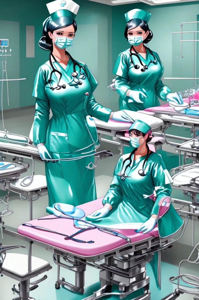 nurse uniform,hospital, latex nurse suit,nurses,busty,elbow gloves,labcoat,black hair woman,pink eyes , gigantic ,medical instruments,asian nurse,two nurses,speculum,examination room,oversize ,big ass ,strap on, lay on table ,legs spreaded,giving birth,gyno chair , dentist,Milf,latex,blue uniform,oversize breasts,diaper