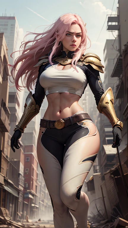 (Highly quality, masterpiece, detailed), realistic 1.5, detailed face, detailed eyes, Destroyed city detailed scenario, destroyed city detailed background, 20 years old girl, solo, angry, hero suit, straight hair, white and pink hair, Gold belt, gold wristband, Gold Shoulder pad, gold breast plates, 1girl, full body, big breasts, athletic body, crop top, Abdomen, Navel, beautiful eyes, perfect eyes, looking at the viewer, Sexy pose